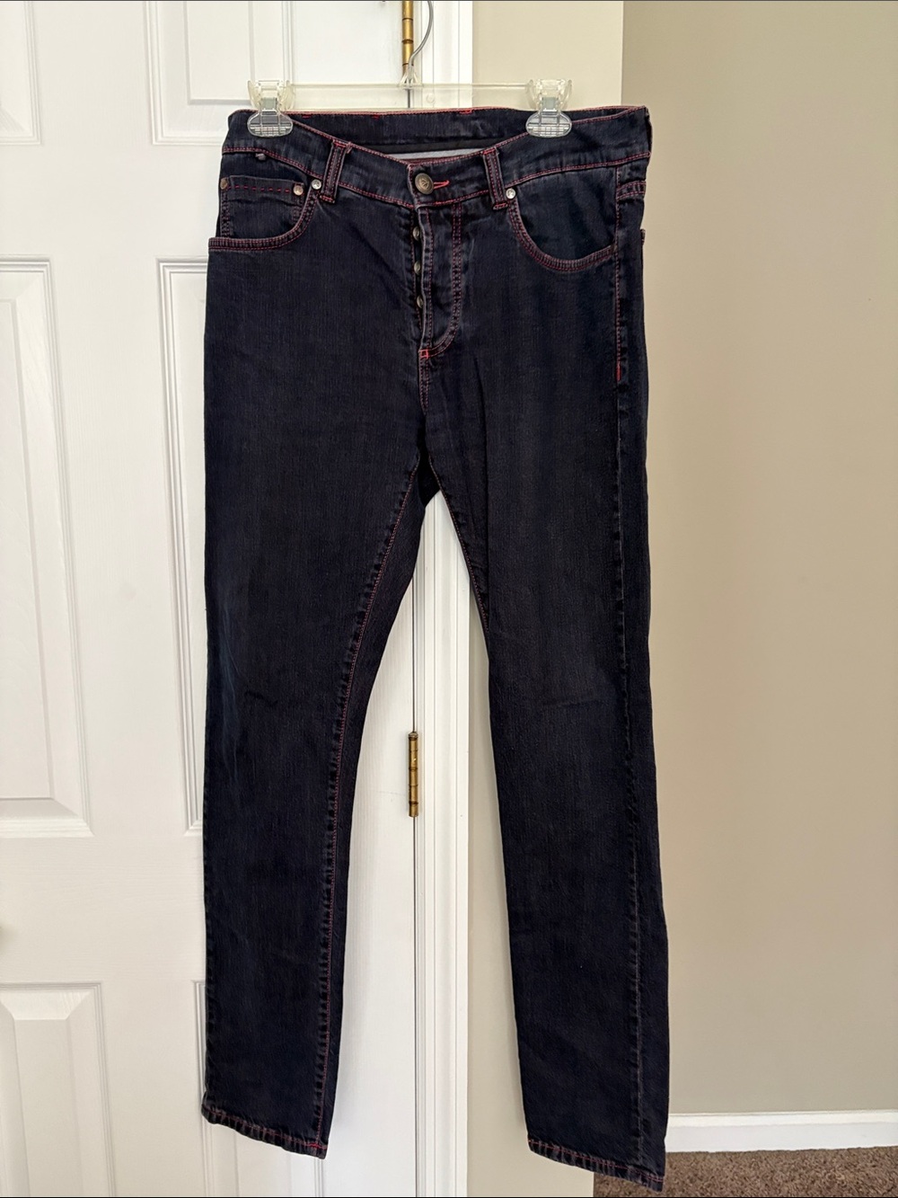 Isaia Napoli Black Slim Straight Jeans with Red Contrast Stitching